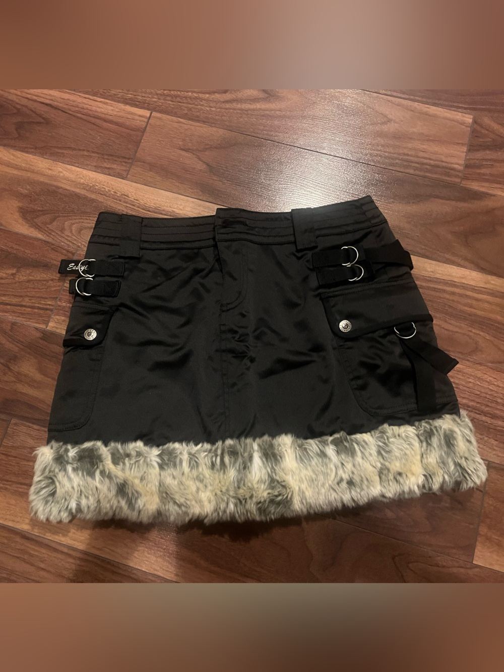 Vintage Black Faux Fur Trim Mini Skirt
